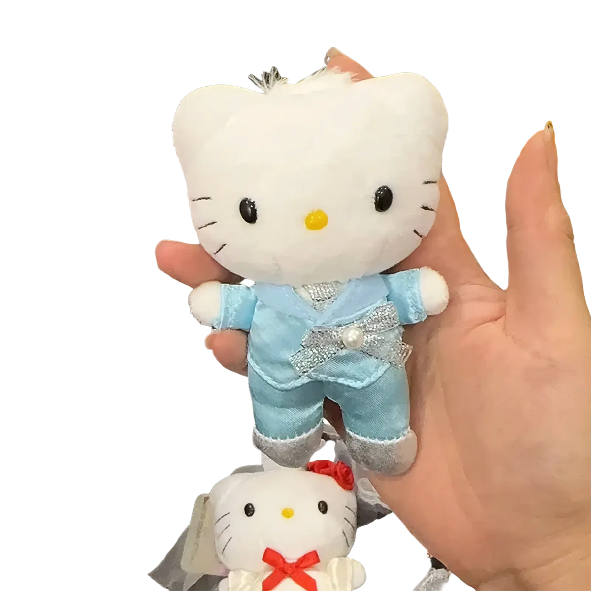 Hello kitty wedding couple plush keychain featuring a white plush toy in a light blue satin suit with silver trim and pearl bow