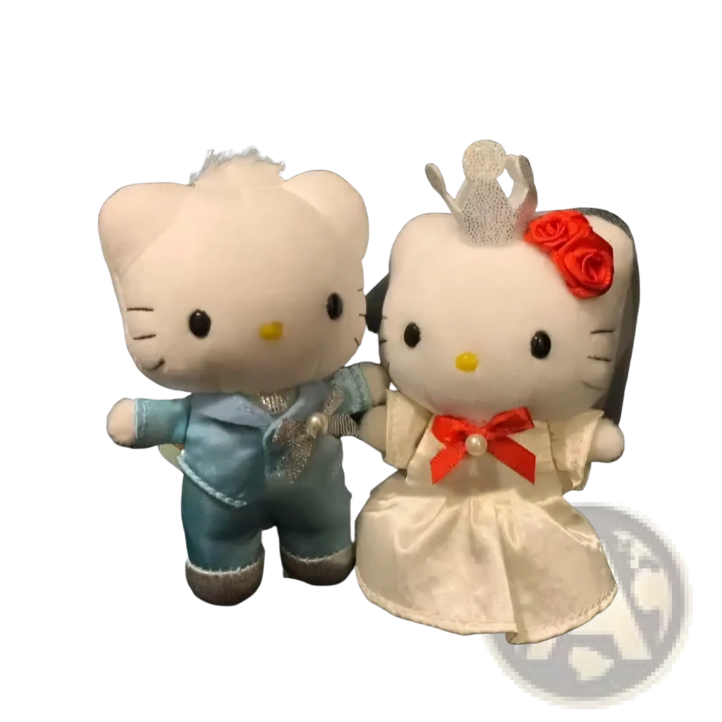 Hello kitty wedding couple plush keychain featuring white satin figurines in light blue suit and ivory gown with red bow