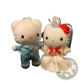 Hello kitty wedding couple plush keychain featuring white satin figurines in light blue suit and ivory gown with red bow