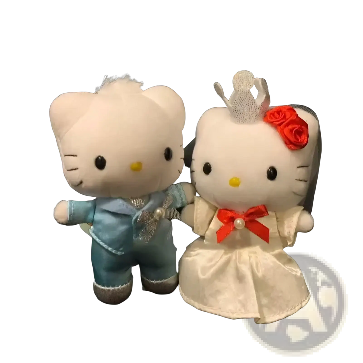 Hello kitty wedding couple plush keychain featuring white satin figurines in light blue suit and ivory gown with red bow