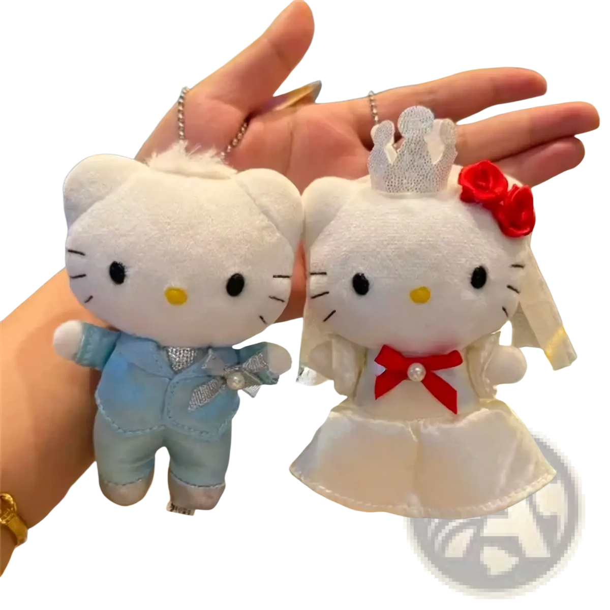 Hello kitty wedding couple plush keychain figures in white with light blue suit and white gown with red bow and crown