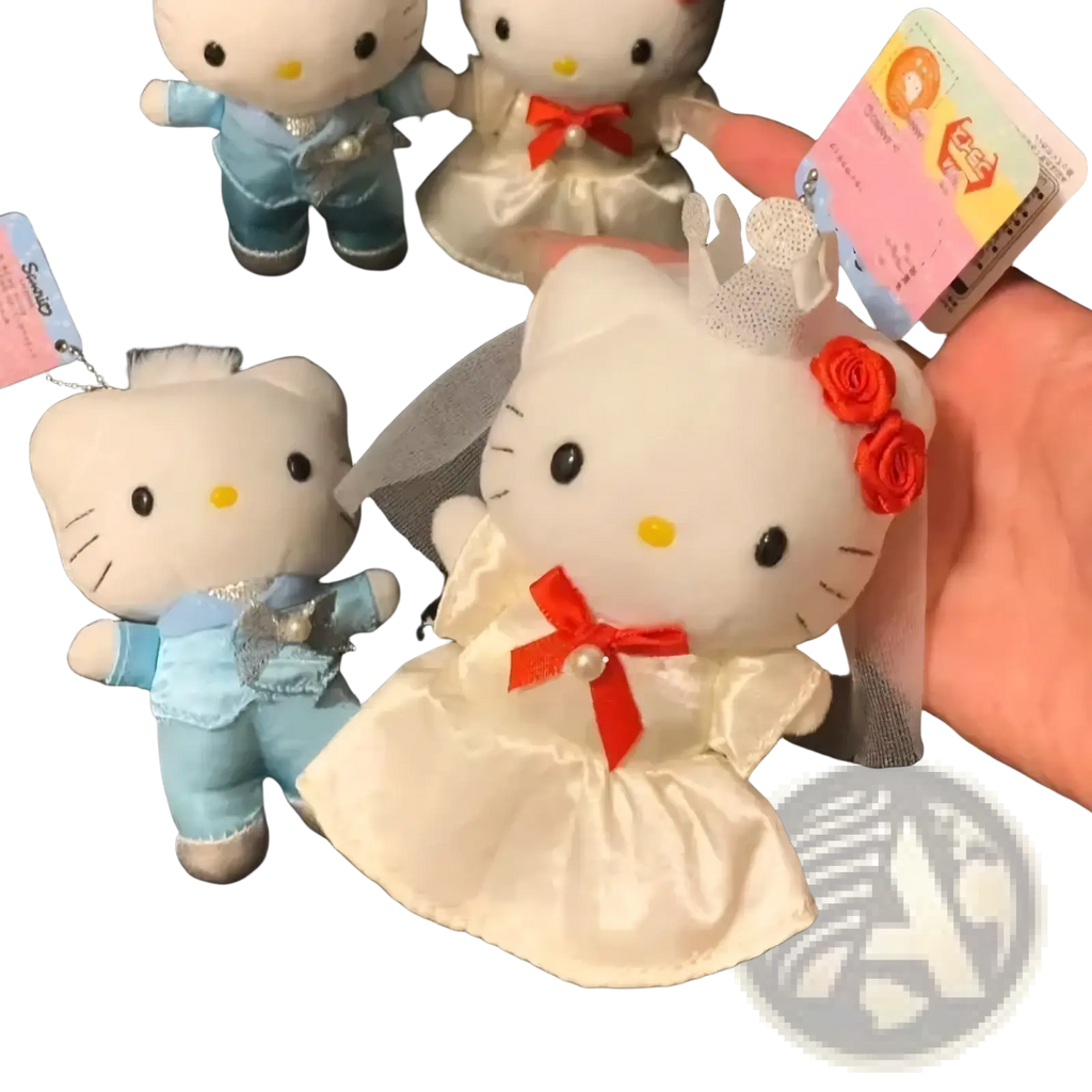 White hello kitty wedding couple plush keychain with red ribbon lace veil and rose hair accessory