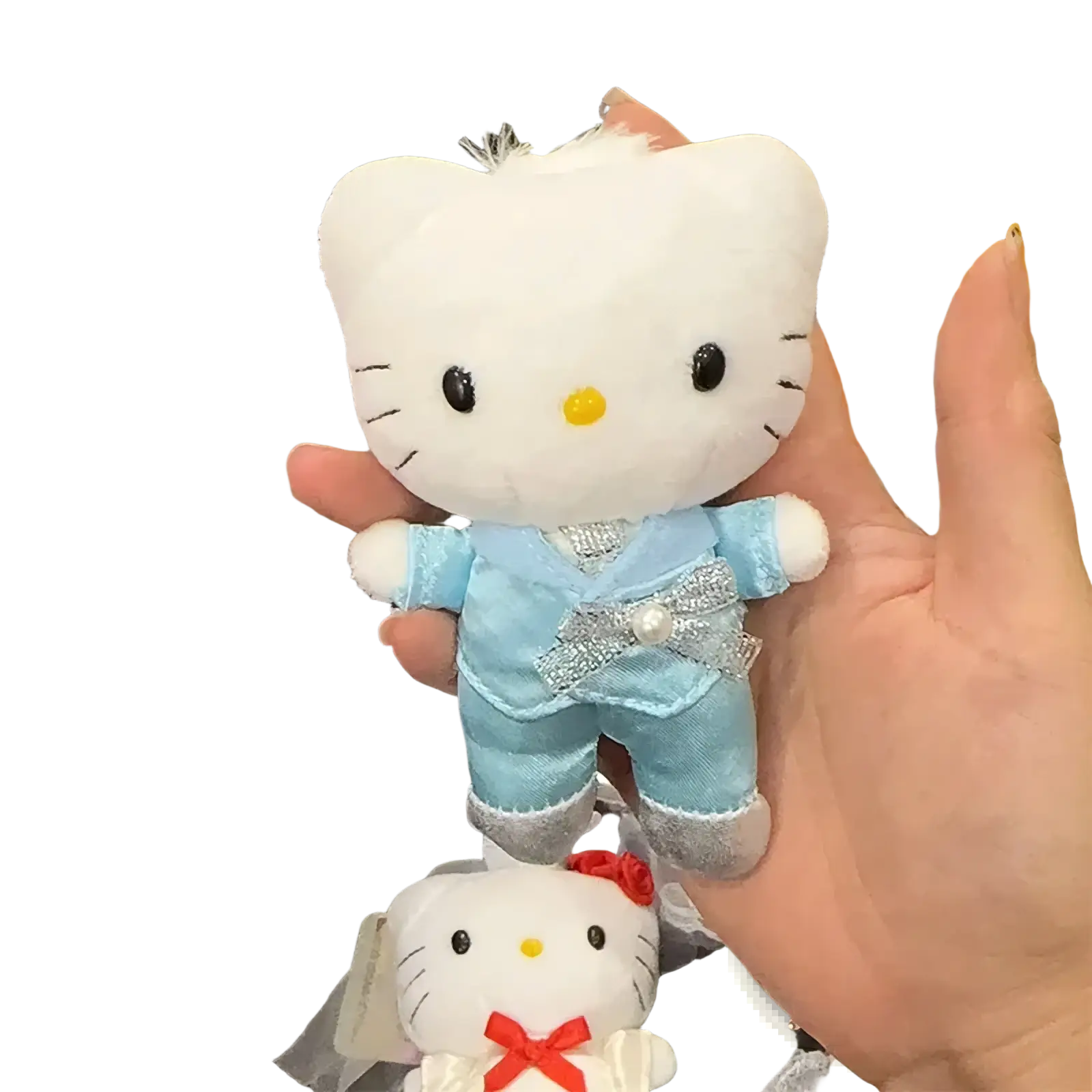 Hello kitty wedding couple plush keychain featuring a white plush toy in a light blue satin suit with silver trim and pearl bow
