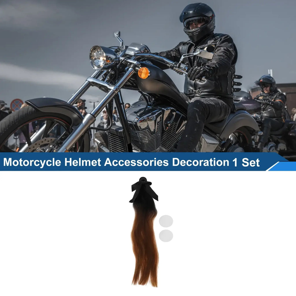 Black and brown gradient hair accessory for motorcycle helmets shown from the back side with bow decoration