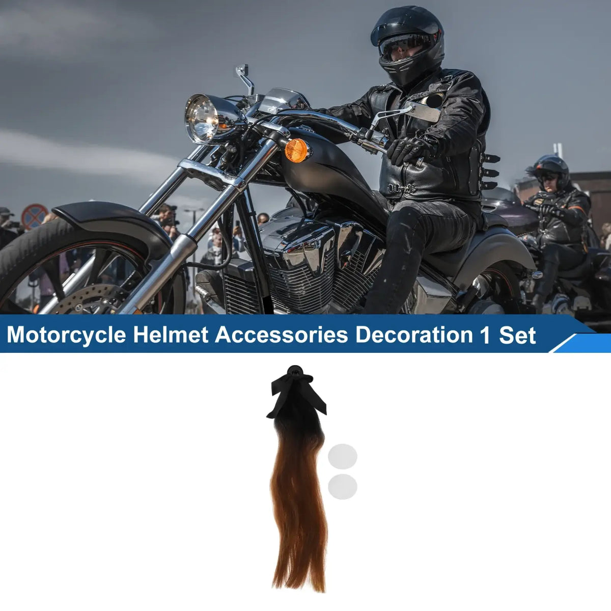 Black and brown gradient hair accessory for motorcycle helmets shown from the back side with bow decoration