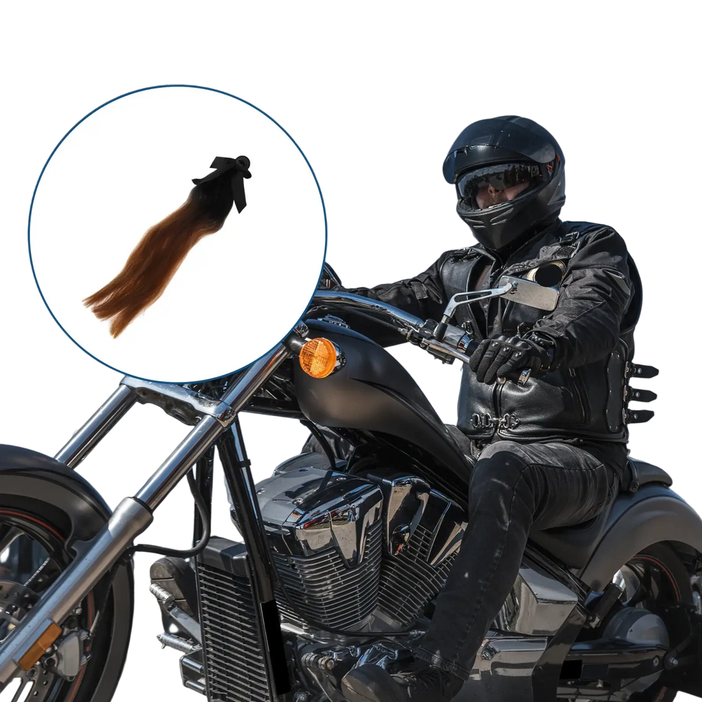 Black and brown gradient motorcycle helmet hair accessory with a bow at the top shown from the back side