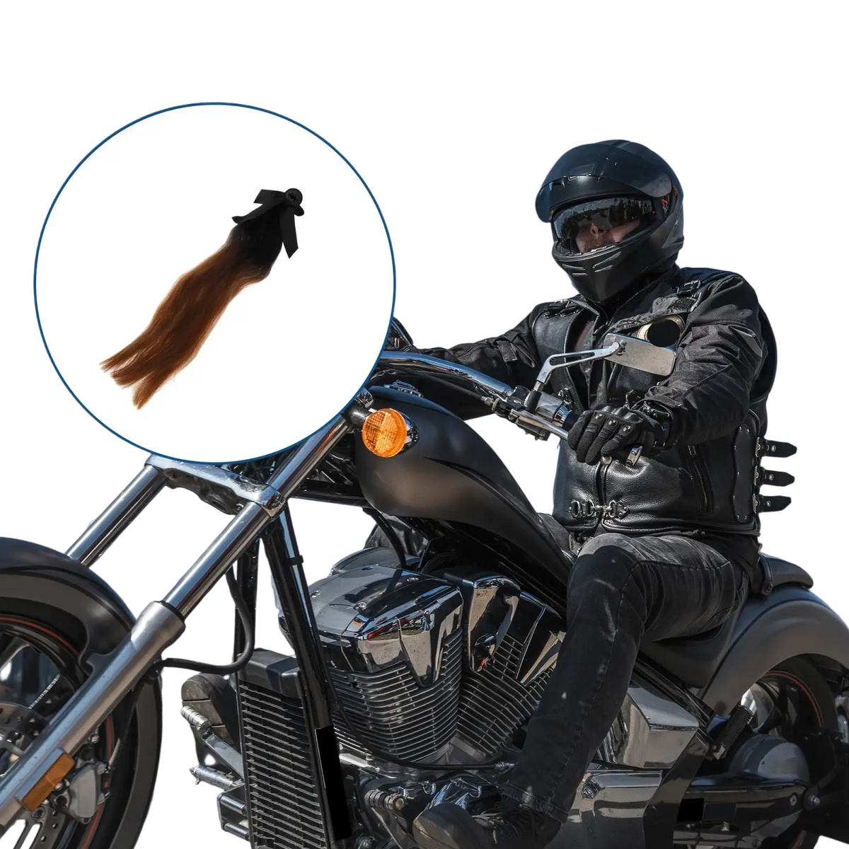 Black and brown gradient motorcycle helmet hair accessory with a bow at the top shown from the back side