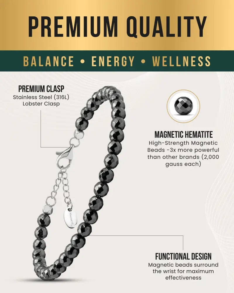 Black magnetic hematite bead bracelet with stainless steel lobster clasp featured in magnetrx 6mm faceted magnetic anklet