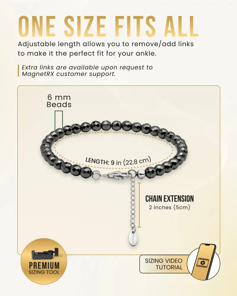 Black 6mm faceted hematite magnetic anklet with silver-toned clasp and chain extension by Magnetrx