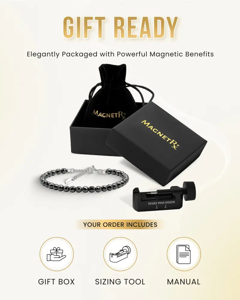 Magnetrx 6mm faceted hematite black beaded magnetic anklet with chain in sleek gift box and matching velvet pouch