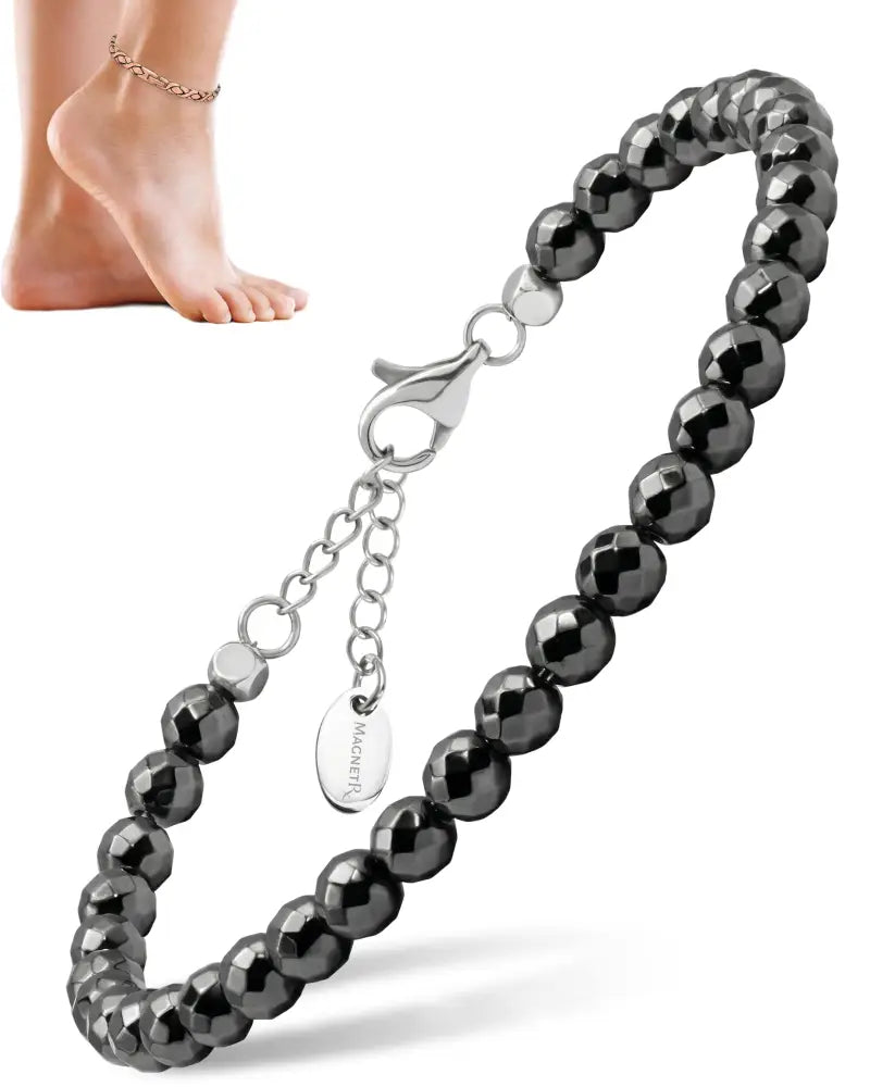 Magnetrx 6mm faceted black hematite magnetic anklet with silver-toned clasp and chain extension