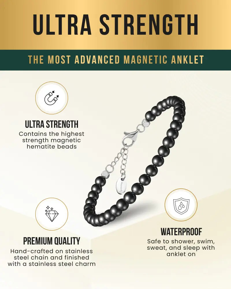 Magnetrx ultra strength black hematite bead magnetic therapy anklet with stainless steel chain and charm