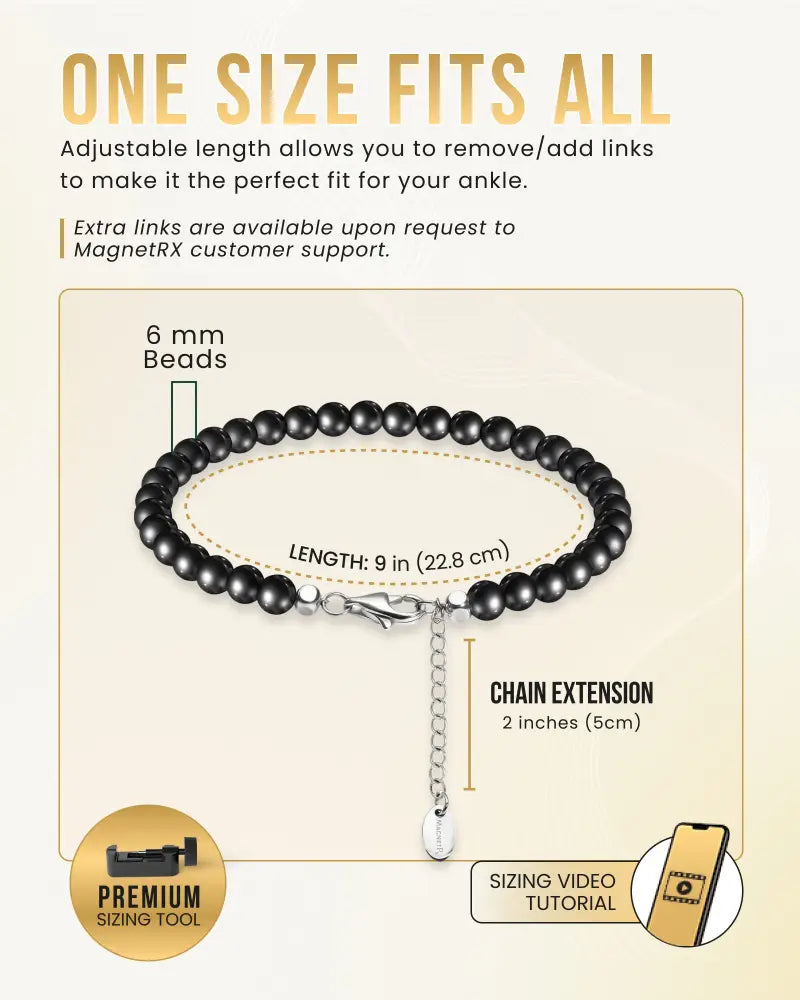Black 6mm spherical hematite beads form a stretchy Magnetrx ultra strength magnetic therapy anklet with adjustable clasp