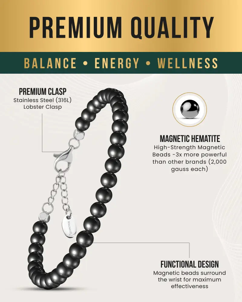 Black magnetic hematite bead bracelet with stainless steel lobster clasp for magnetrx ultra strength magnetic therapy anklet
