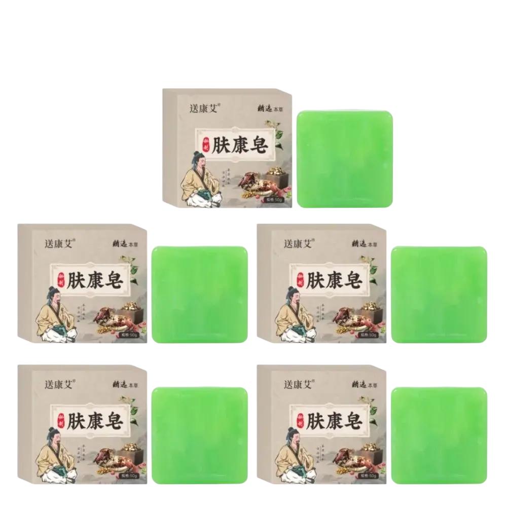 Five green herbal soap bars in beige boxes designed for body odor control and rich lather production