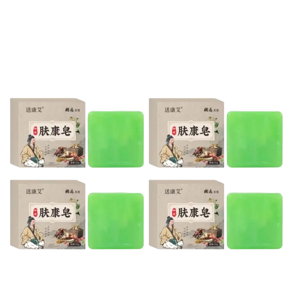 Four green herbal soap bars in beige boxes with traditional chinese illustrations for body odor and rich lather