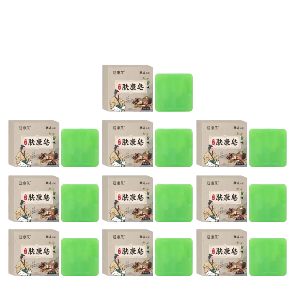 Ten-pack of green herbal soap bars in beige packaging with chinese characters for body odor and rich lather use