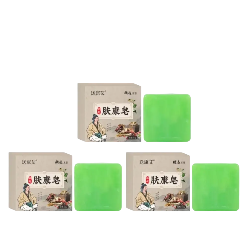 Three-pack of green herbal soap bars with traditional packaging for body odor control and rich lather cleansing