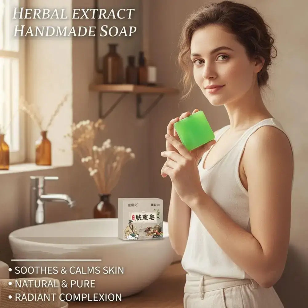 A vibrant green handmade soap bar with herbal extract formula for body odor and rich lather