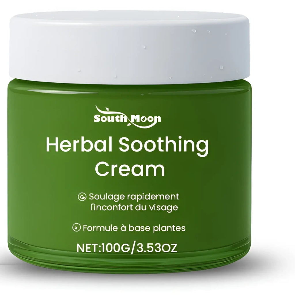 Green glass jar with white lid containing south moon herbal soothing cream with mint and aloe vera 50g