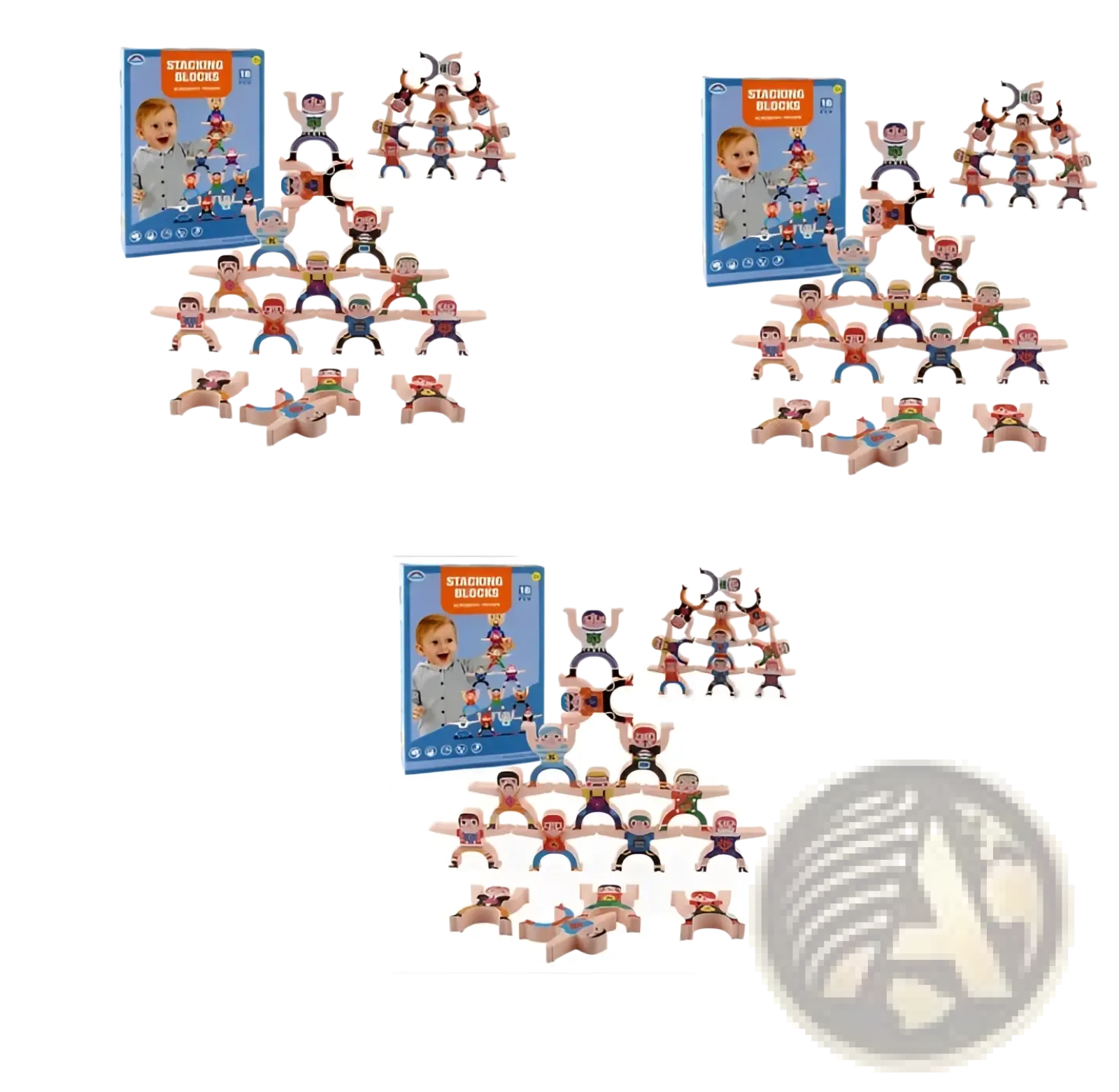 Wooden stacking blocks featuring colorful cartoonish human figures in various poses and outfits for balance play