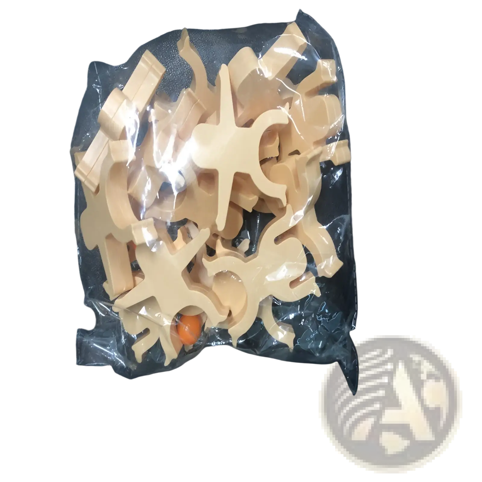 Beige plastic puzzle pieces in a clear bag for the hercules stacking blocks wooden balance toy 12 pieces set
