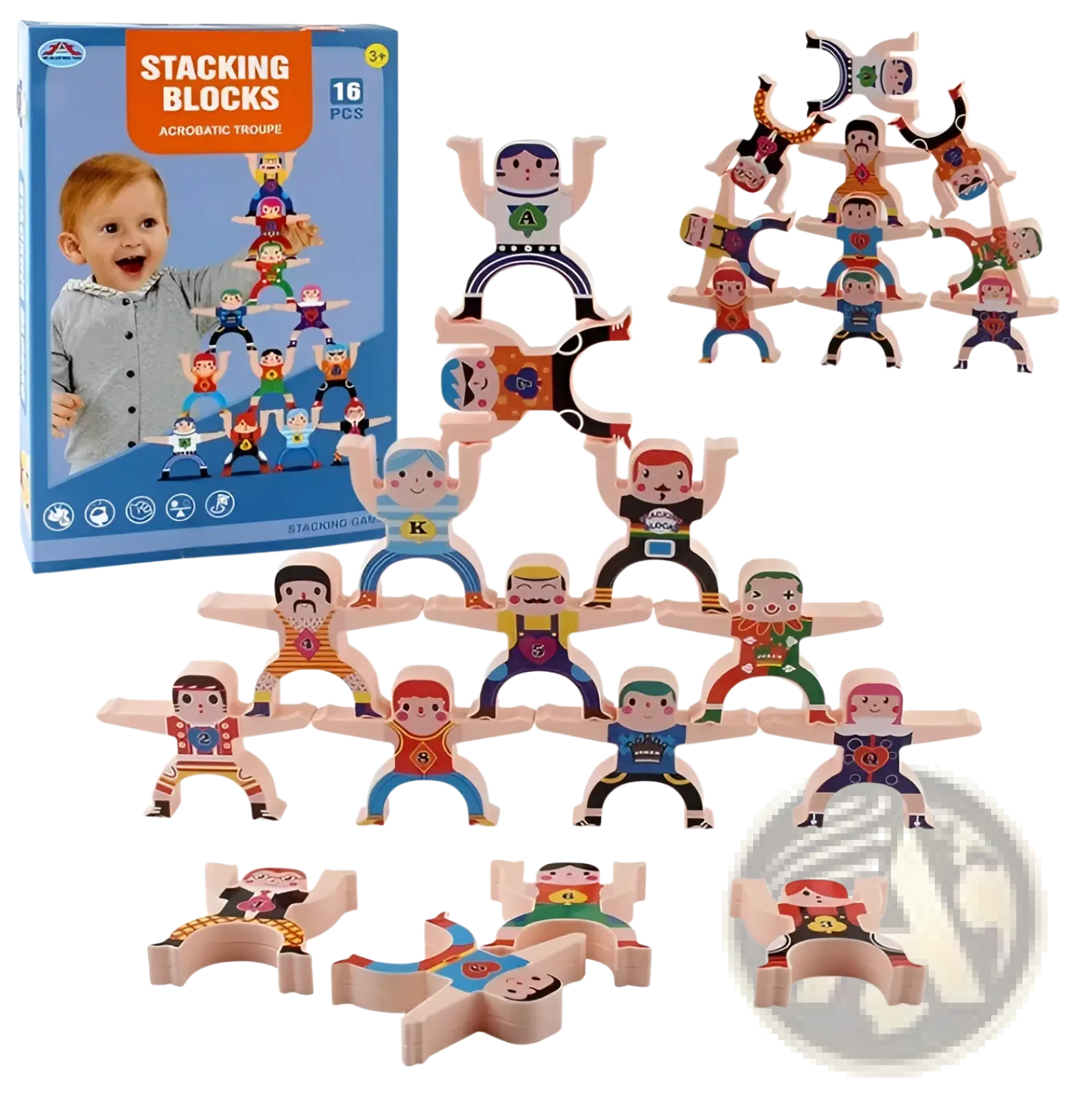 Hercules stacking blocks wooden balance toy 12 pieces featuring colorful acrobat-shaped blocks with painted faces and outfits