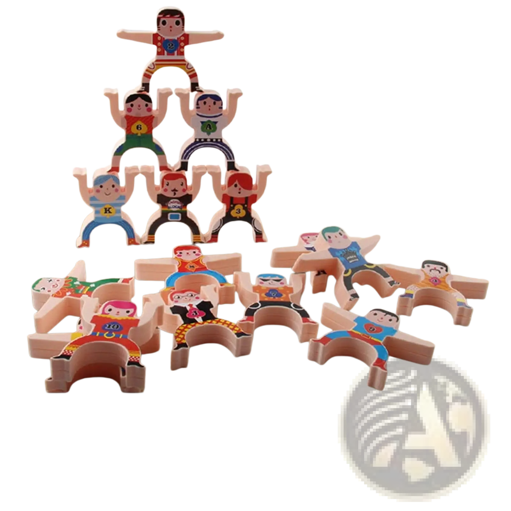 Colorful wooden hercules stacking blocks featuring painted character designs in a 12-piece balance toy set