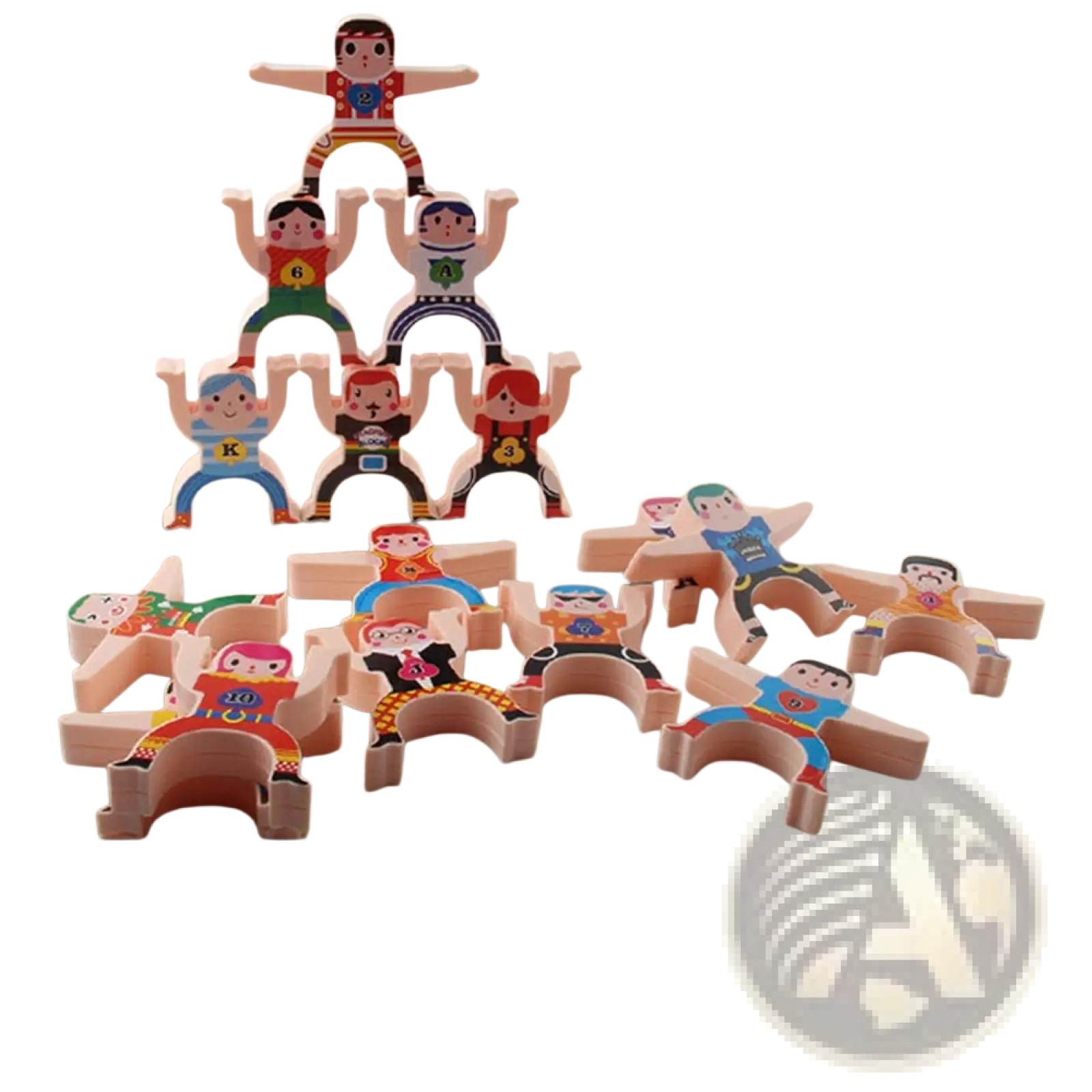 Colorful wooden hercules stacking blocks featuring painted character designs in a 12-piece balance toy set