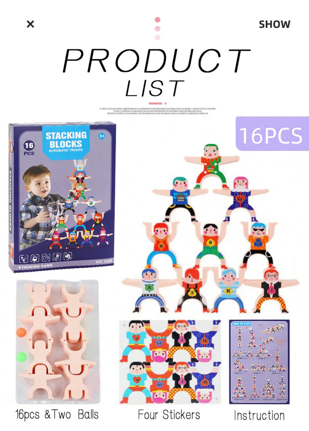Colorful wooden stacking blocks with acrobatic figures in various outfits and poses hercules stacking blocks wooden toy