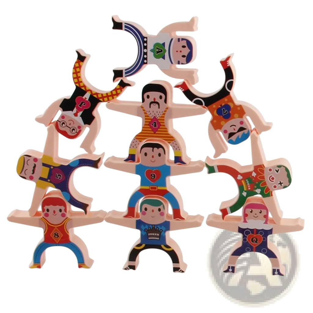 Colorful wooden stacking figures with cartoonish designs and numbered outfits in hercules stacking blocks balance toy set