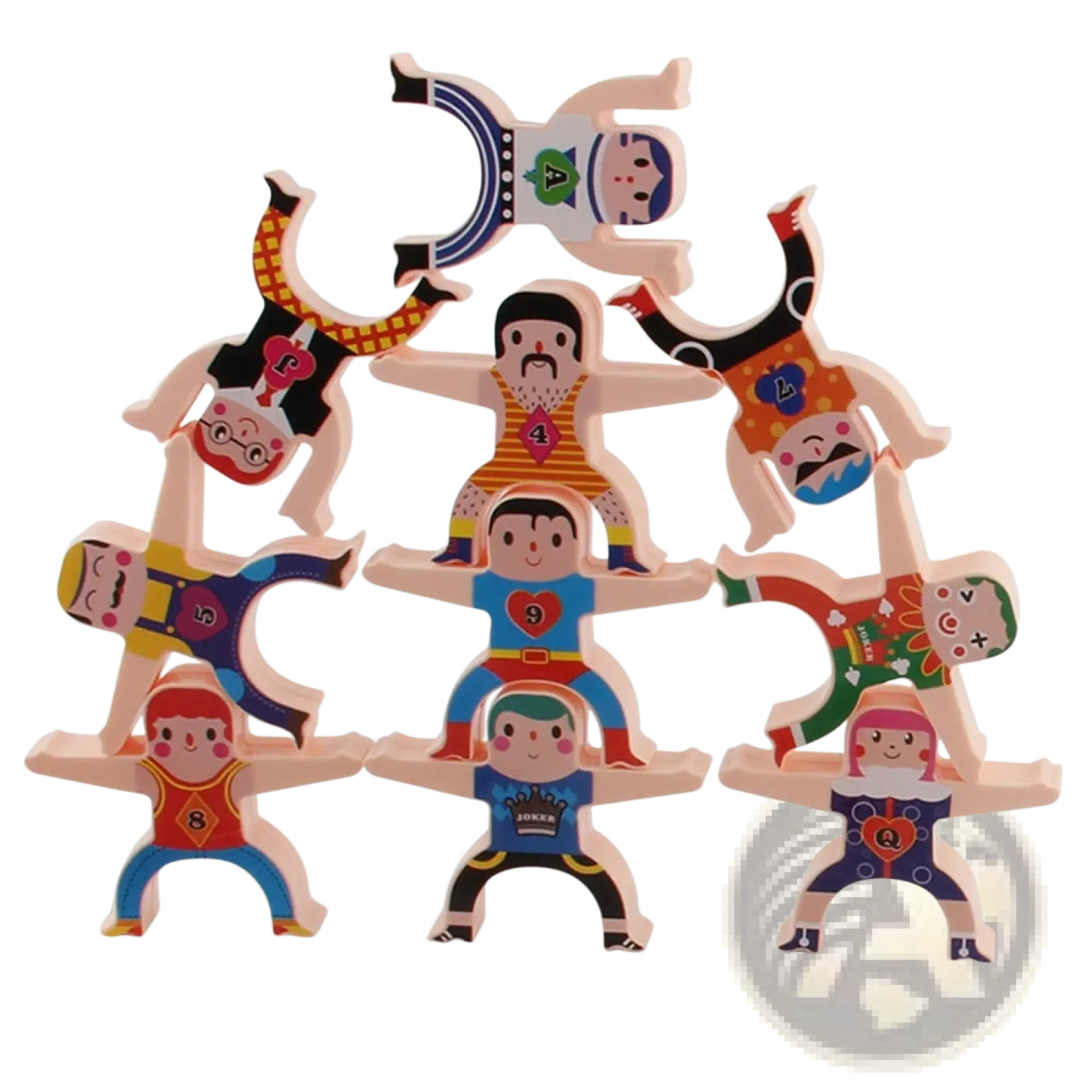 Colorful wooden stacking figures with cartoonish designs and numbered outfits in hercules stacking blocks balance toy set