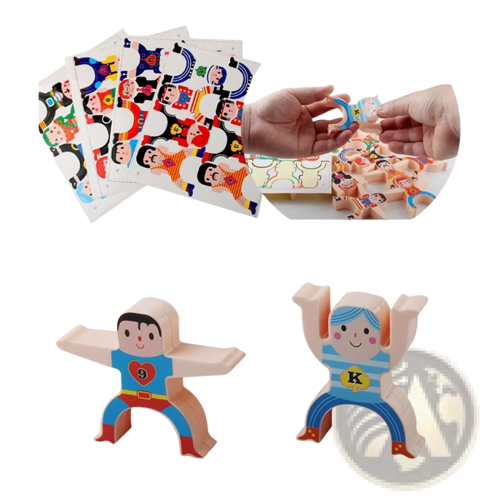 Wooden hercules stacking blocks toy featuring colorful painted strong man figures with red heart emblem on chest
