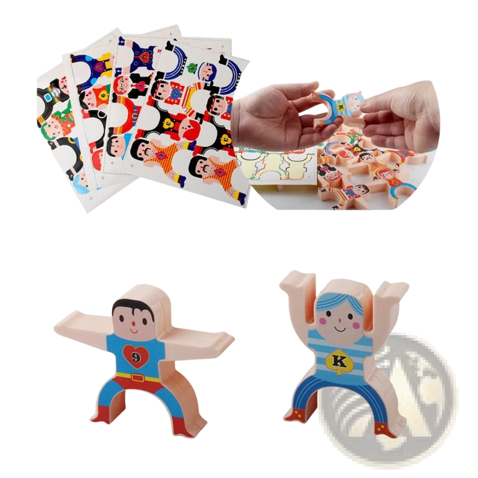 Wooden hercules stacking blocks toy featuring colorful painted strong man figures with red heart emblem on chest