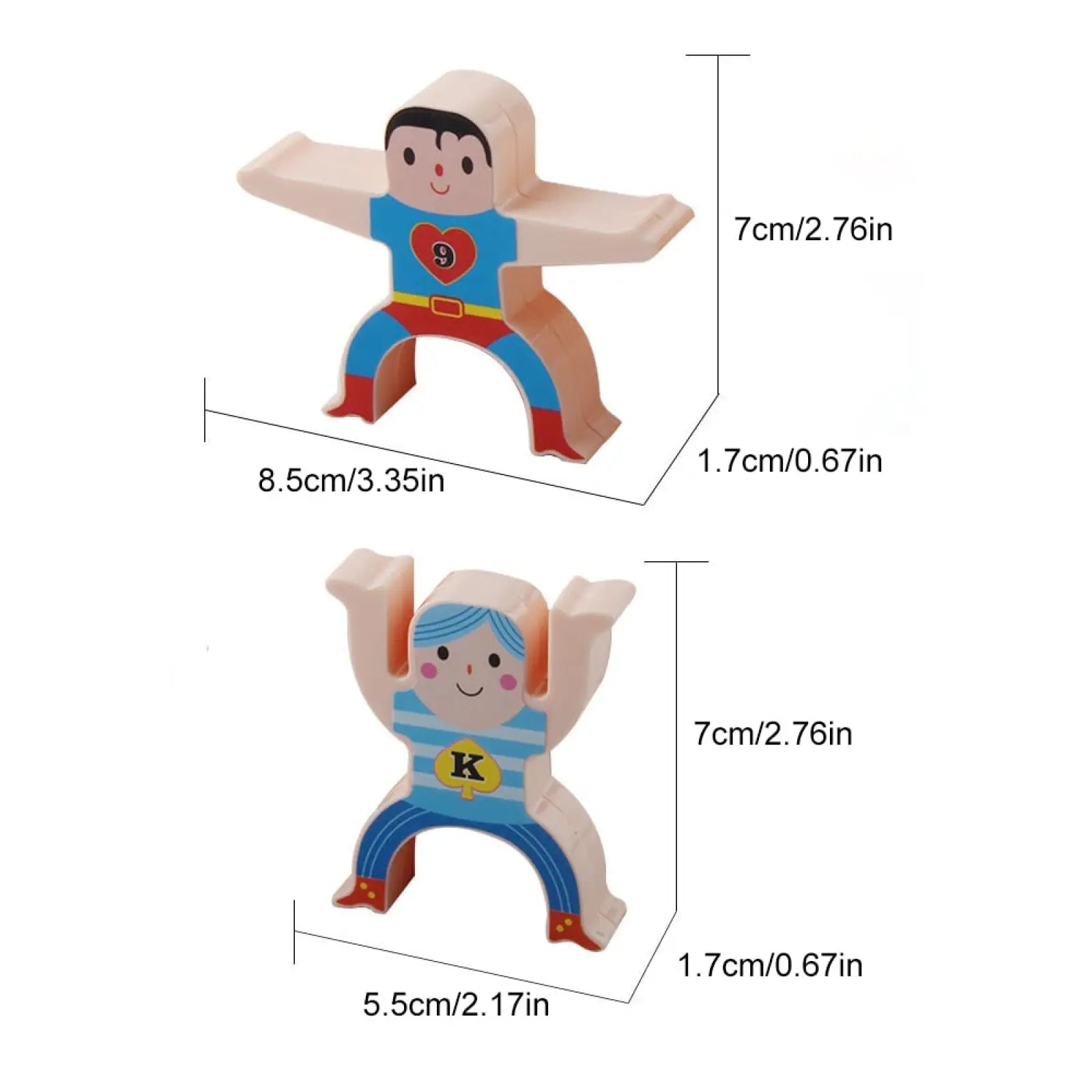 Wooden superhero and sailor figure toys in blue costumes with red belts as part of hercules stacking blocks balance toy set