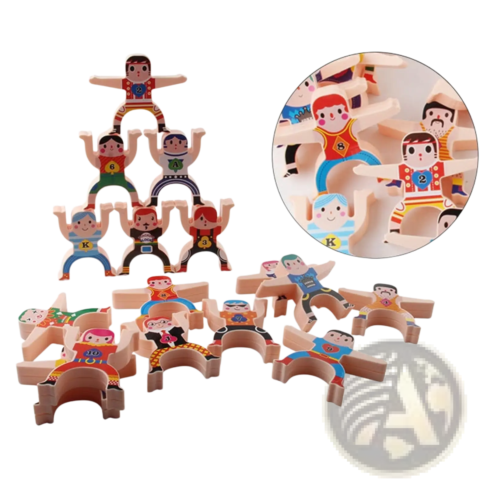 Hercules stacking blocks wooden balance toy features colorful wooden stacking figures with lettered numbers on their chests