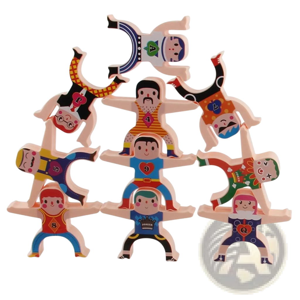 Colorful wooden stacking figures with cartoonish designs and numbered badges in hercules stacking blocks toy set