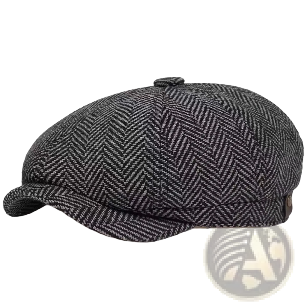 A dark gray herringbone tweed wool flat cap with an octagonal beret design and a short structured brim