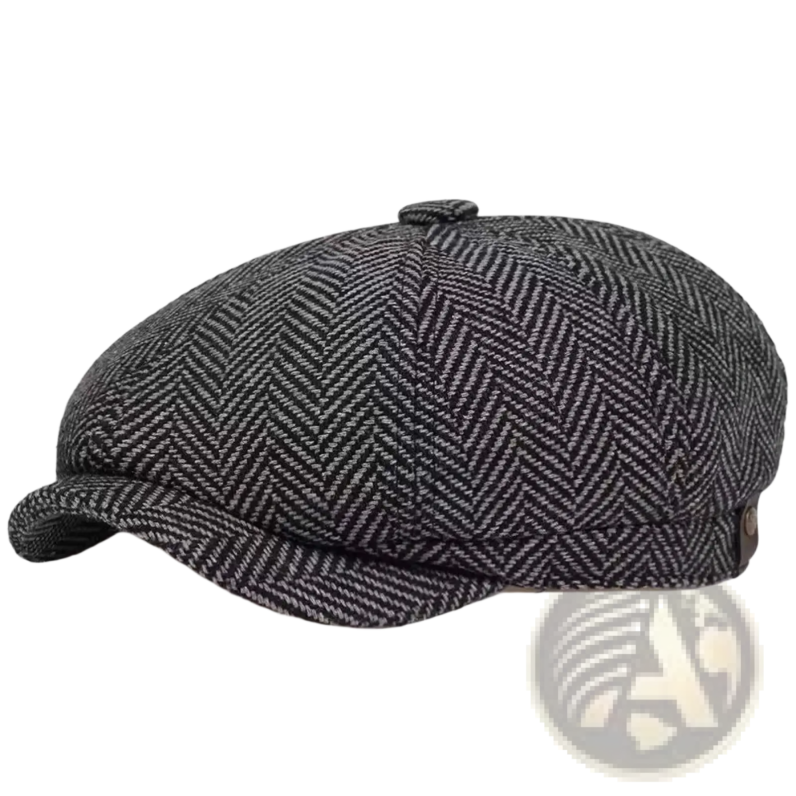 A dark gray herringbone tweed wool flat cap with an octagonal beret design and a short structured brim