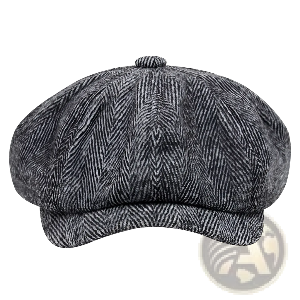 A classic gray herringbone tweed wool flat cap with an eight-panel structured design and a small button on top
