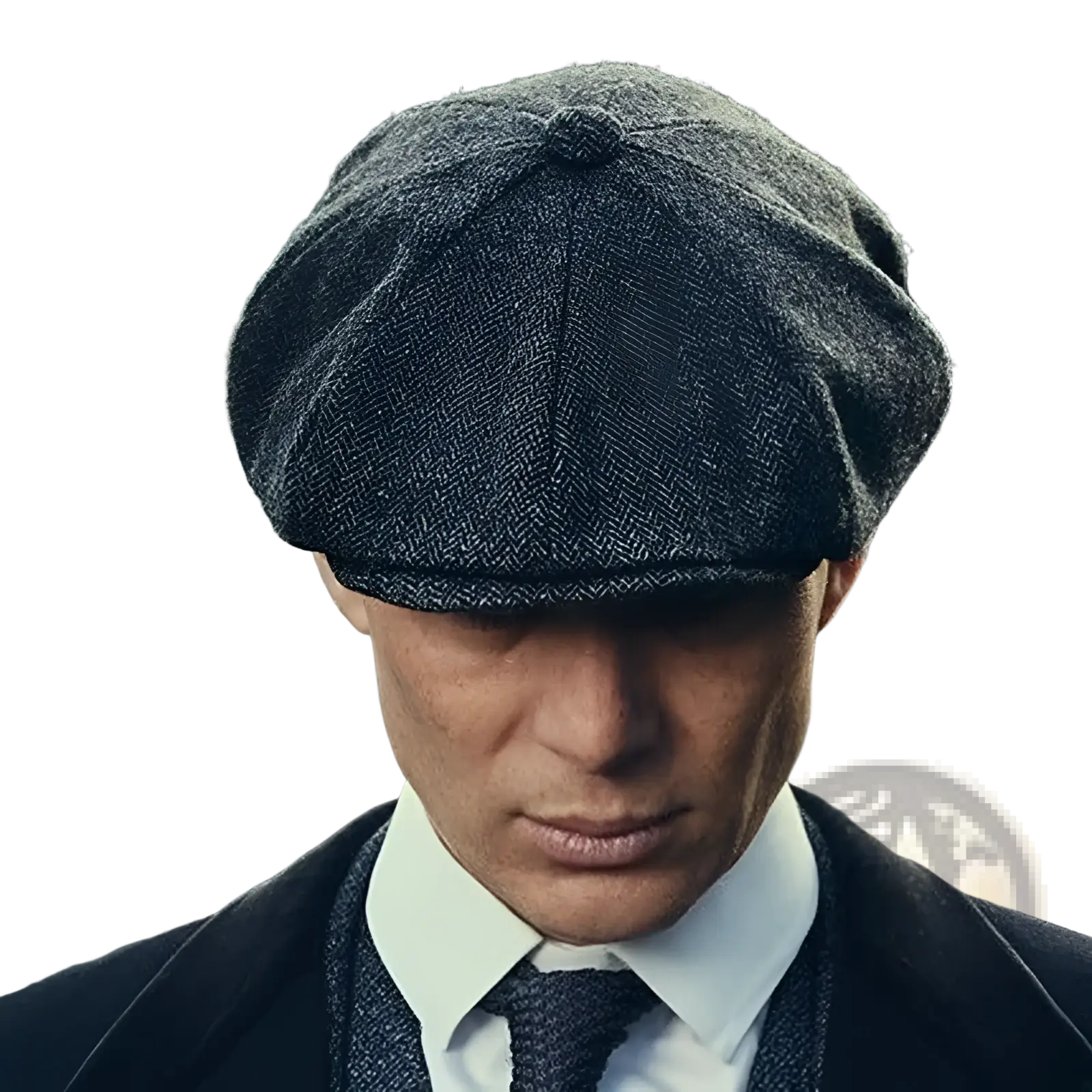 Dark gray herringbone tweed flat cap with button on top from the herringbone tweed flat cap octagonal beret collection