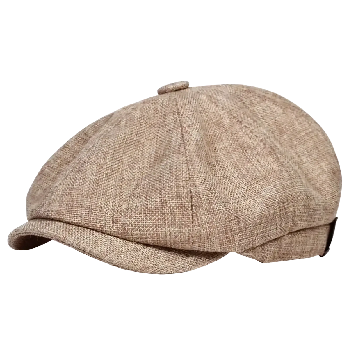 Beige textured wool blend herringbone tweed flat cap with structured eight-panel design and small button on top