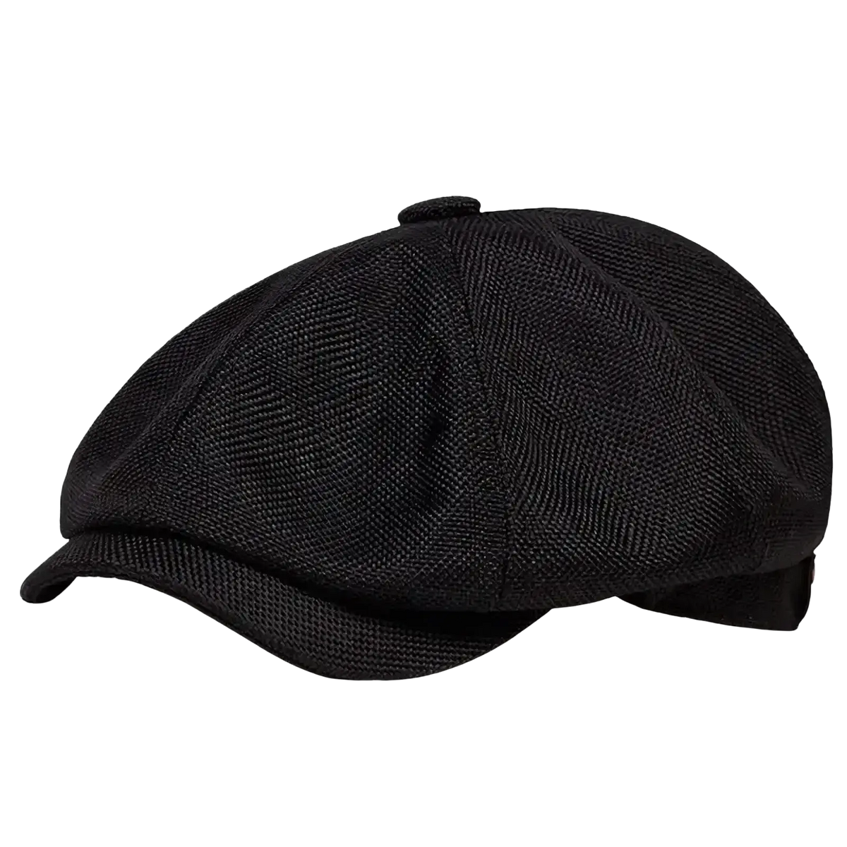 Black textured woolen flat cap with eight-panel design and short brim vintage peaky blinders style