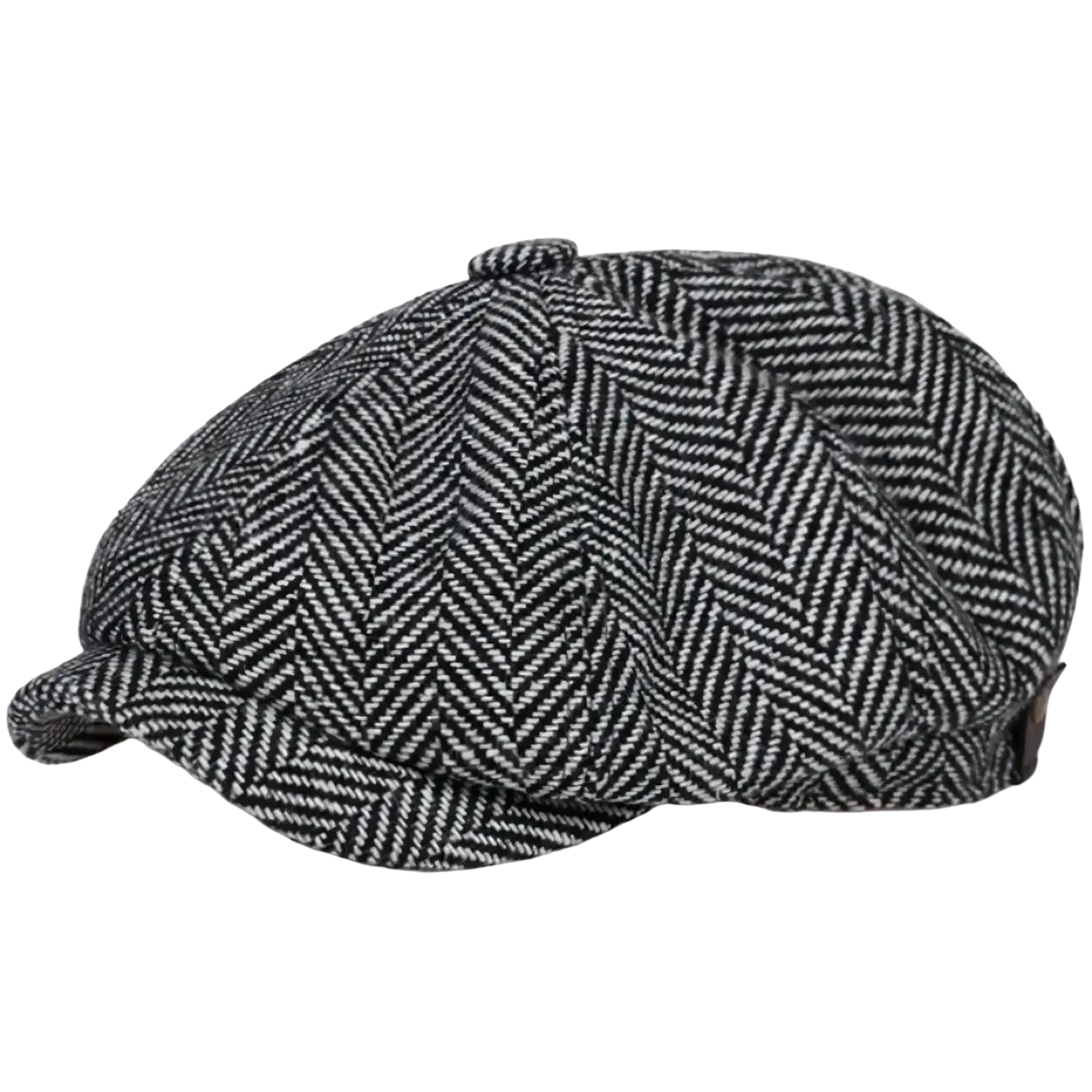 Black and white herringbone woolen flat cap vintage peaky blinders style with classic tweed pattern and textured fabric