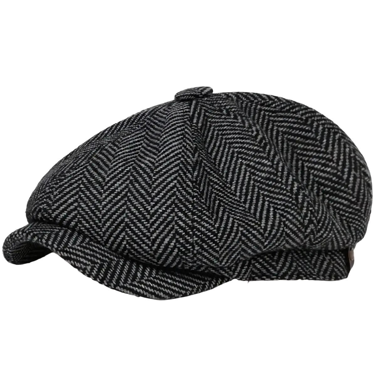 Black and white herringbone-patterned woolen flat cap vintage peaky blinders style suitable for formal wear