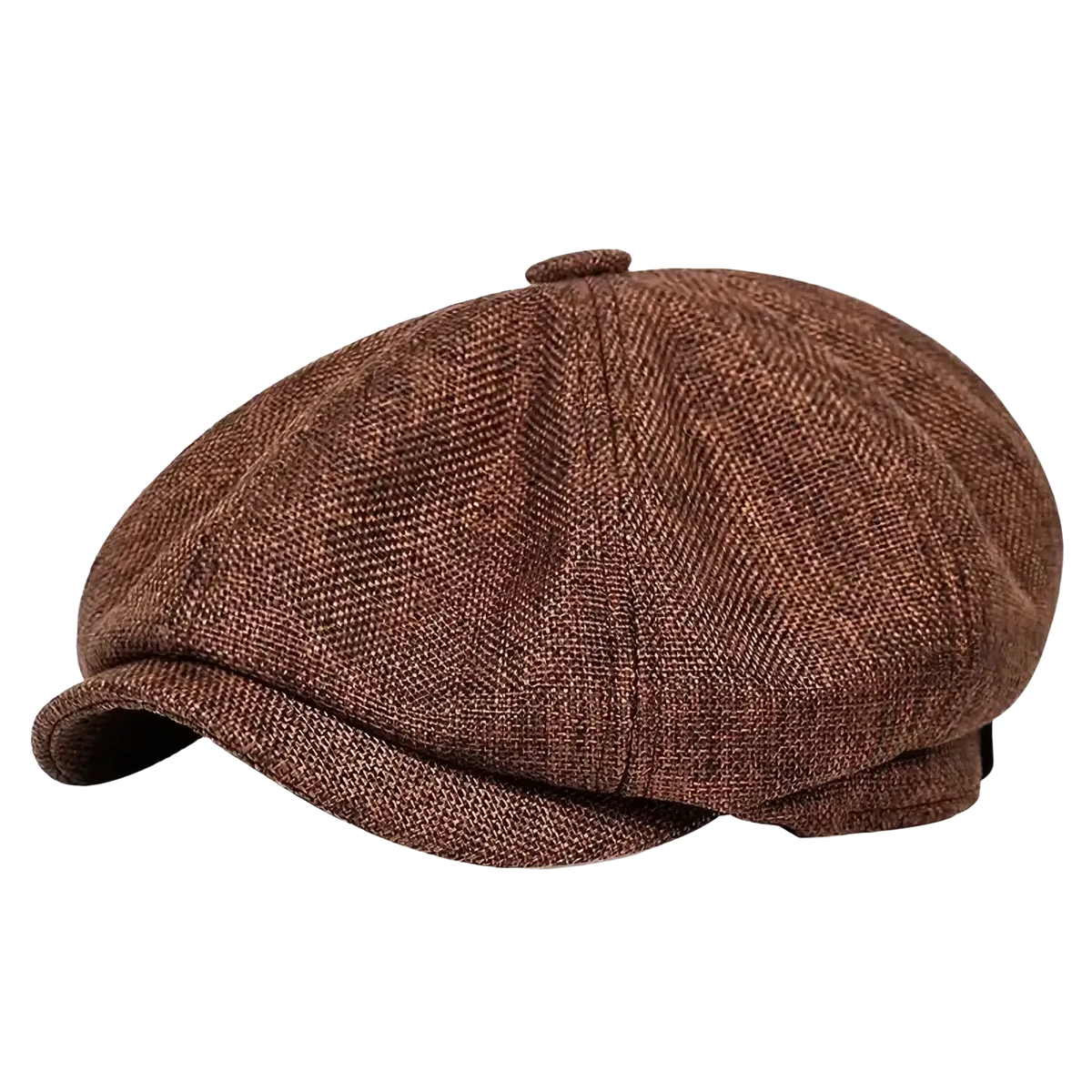 Brown woolen flat cap with herringbone tweed pattern vintage peaky blinders style eight-panel curved brim design