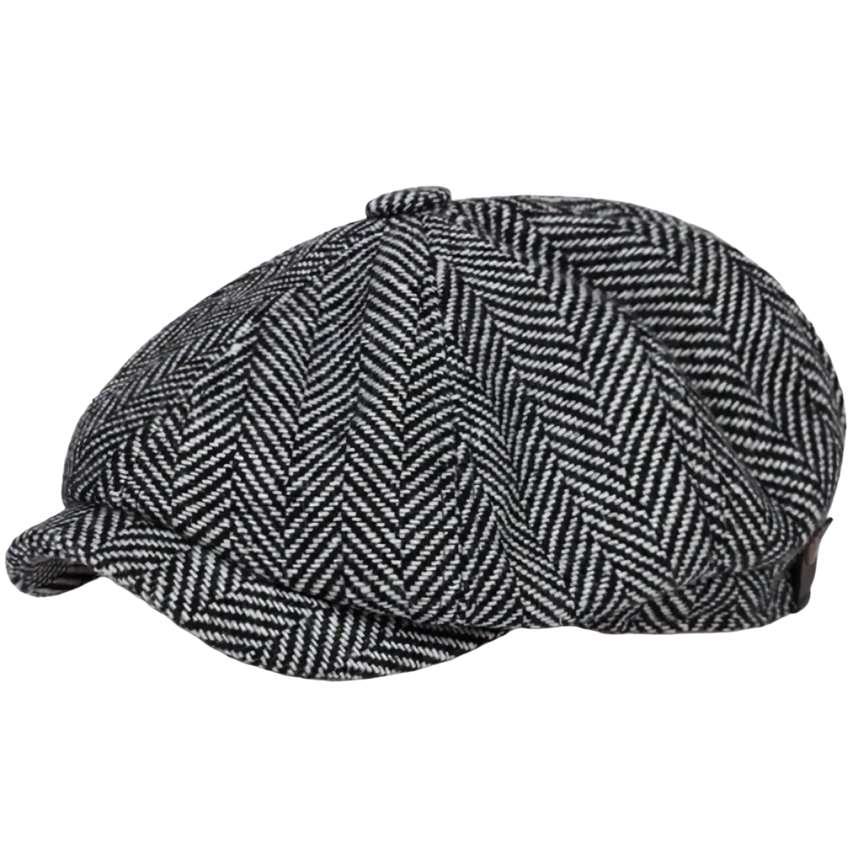 A classic black and white herringbone wool flat cap with six-panel design inspired by Peaky Blinders vintage style