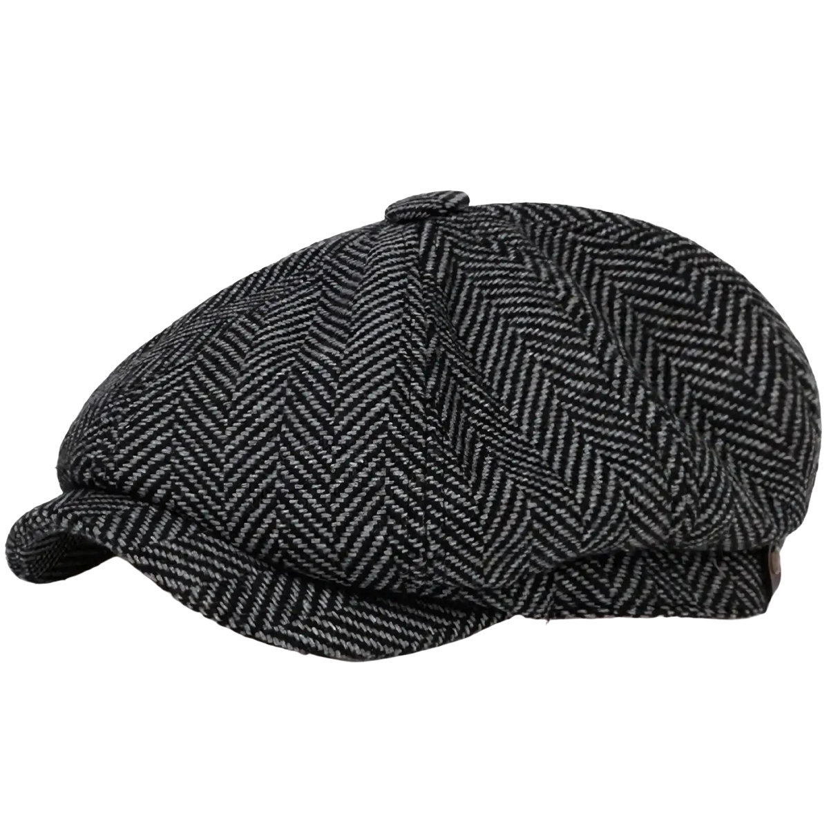A classic black and gray woolen herringbone tweed flat cap with six-panel structured design vintage Peaky Blinders beret