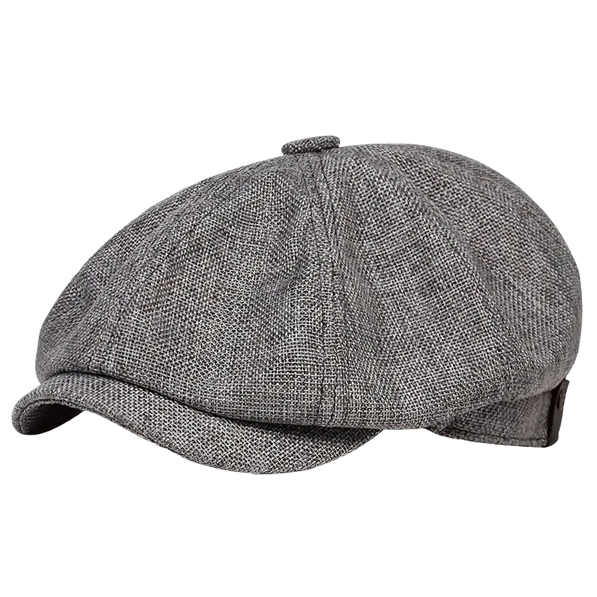 Gray textured herringbone tweed flat cap with structured eight-panel design and slightly curved brim vintage peaky blinders style