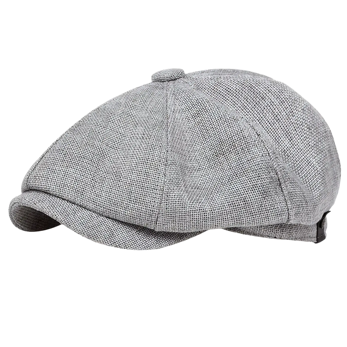Gray herringbone tweed flat cap with six-panel structured design and small button on top vintage Peaky Blinders style